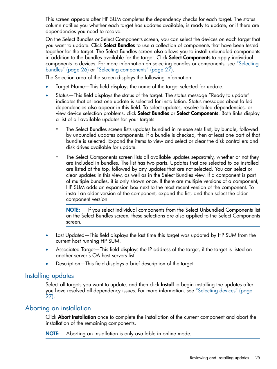 Installing updates, Aborting an installation, Installing updates aborting an installation | HP Smart Update Manager (User Guide) User Manual | Page 25 / 79