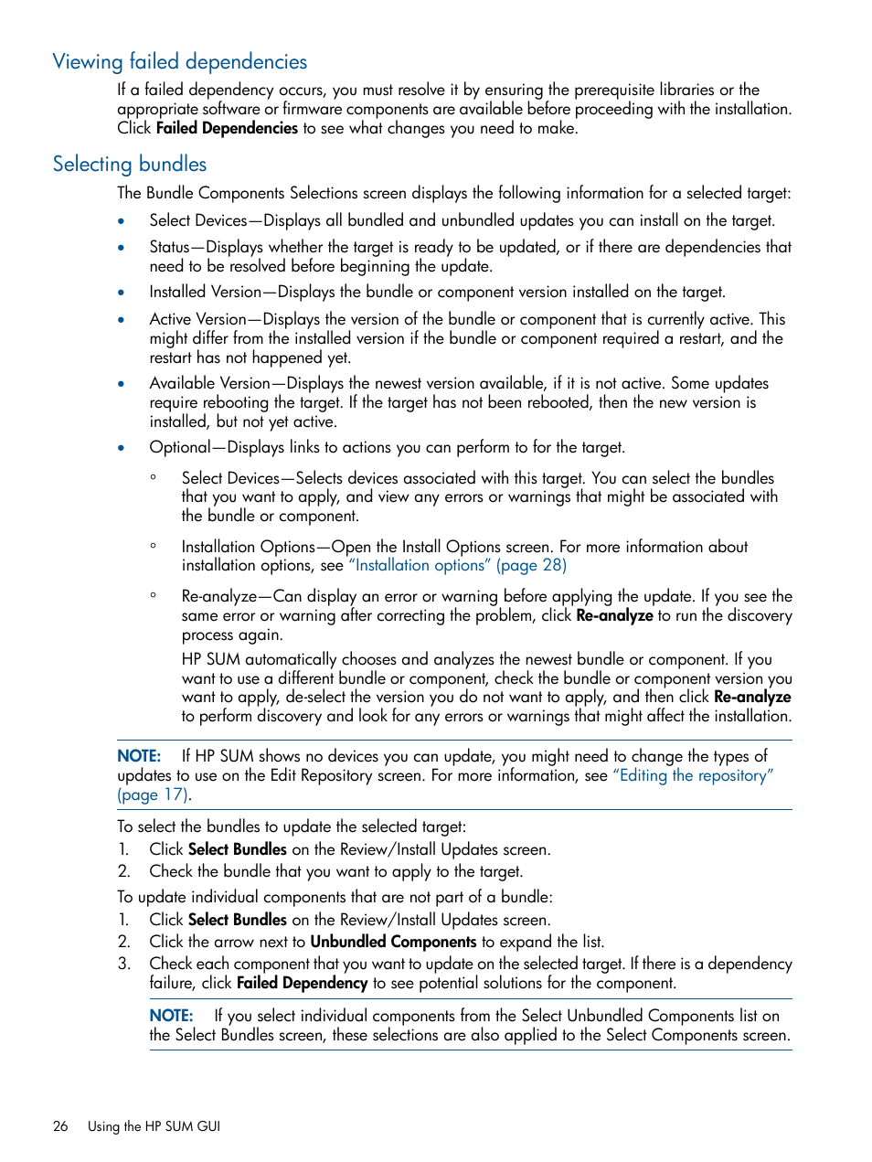 Viewing failed dependencies, Selecting bundles, Viewing failed dependencies selecting bundles | Selecting | HP Smart Update Manager (User Guide) User Manual | Page 26 / 79