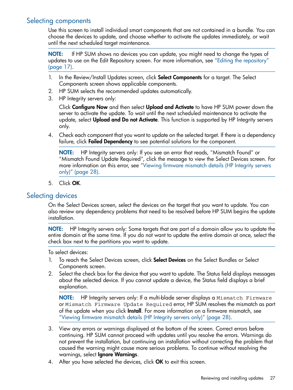 Selecting components, Selecting devices, Selecting components selecting devices | HP Smart Update Manager (User Guide) User Manual | Page 27 / 79