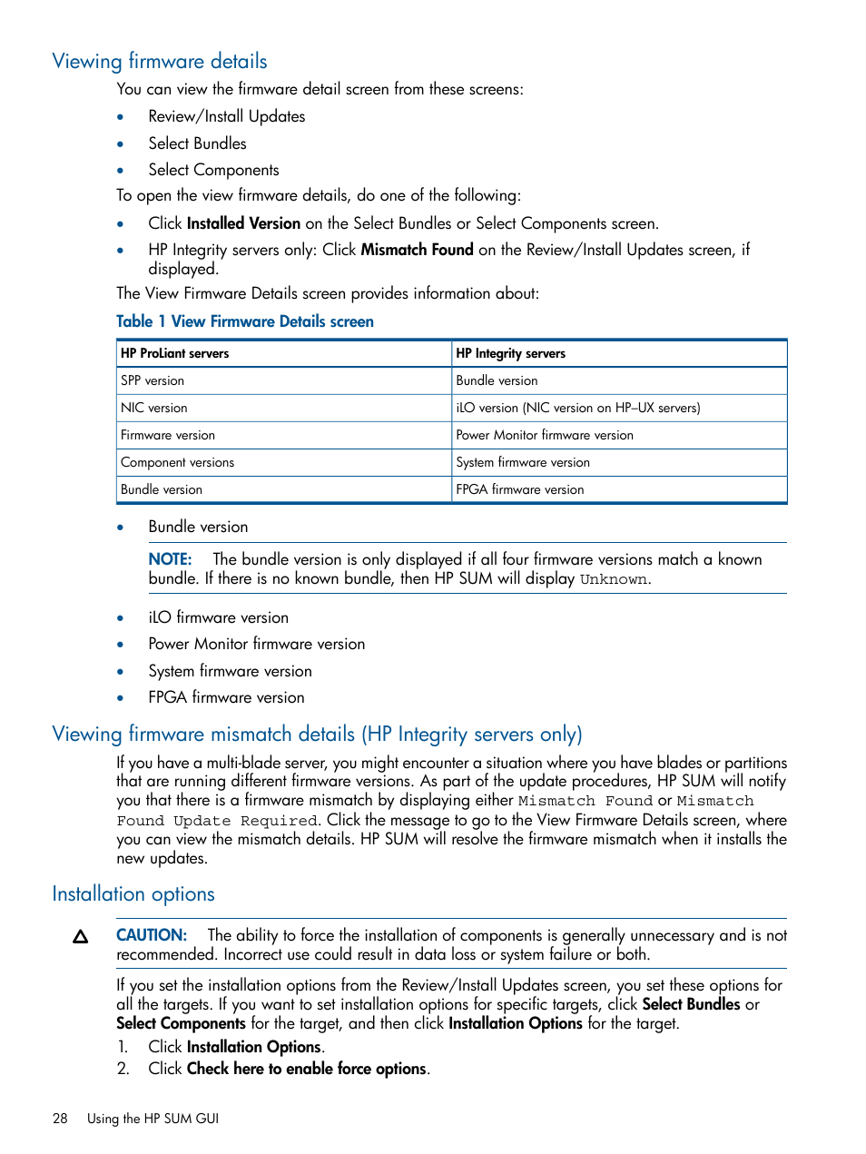 Viewing firmware details, Installation options | HP Smart Update Manager (User Guide) User Manual | Page 28 / 79