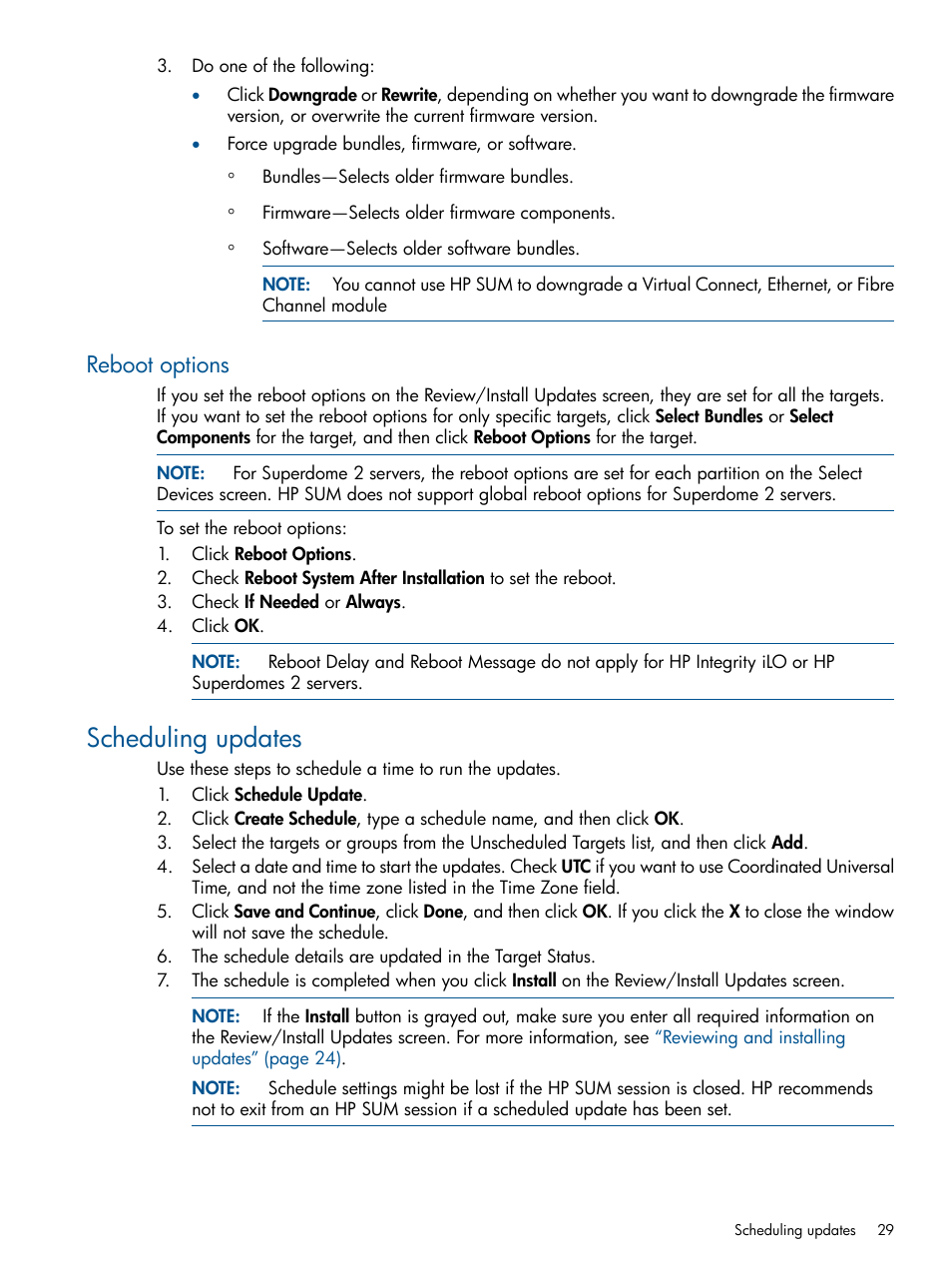 Reboot options, Scheduling updates | HP Smart Update Manager (User Guide) User Manual | Page 29 / 79