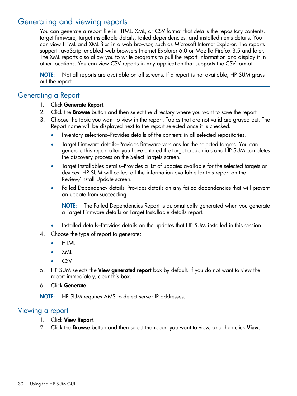 Generating and viewing reports, Generating a report, Viewing a report | Generating a report viewing a report | HP Smart Update Manager (User Guide) User Manual | Page 30 / 79