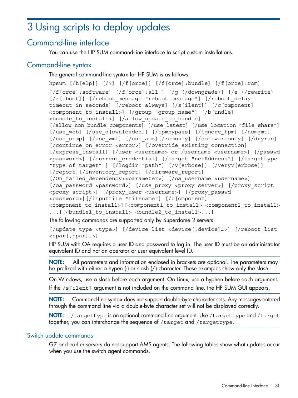 3 using scripts to deploy updates, Command-line interface, Command-line syntax | Switch update commands | HP Smart Update Manager (User Guide) User Manual | Page 31 / 79