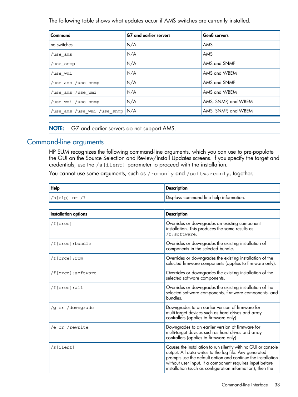 Command-line arguments | HP Smart Update Manager (User Guide) User Manual | Page 33 / 79