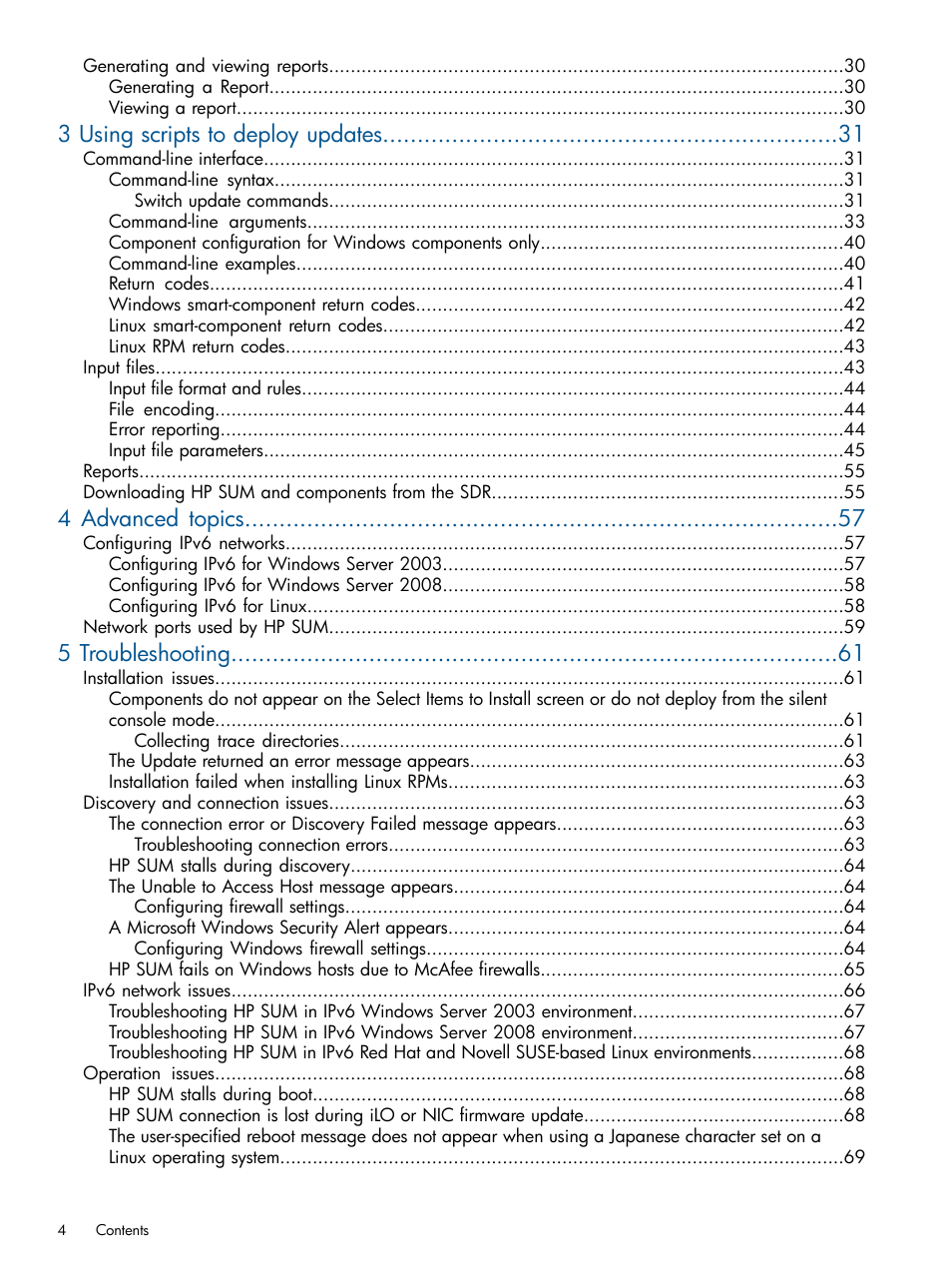 3 using scripts to deploy updates, 4 advanced topics, 5 troubleshooting | HP Smart Update Manager (User Guide) User Manual | Page 4 / 79