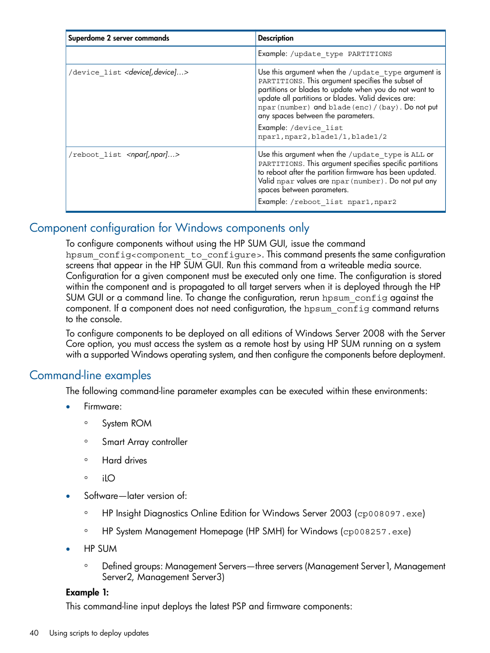 Command-line examples | HP Smart Update Manager (User Guide) User Manual | Page 40 / 79