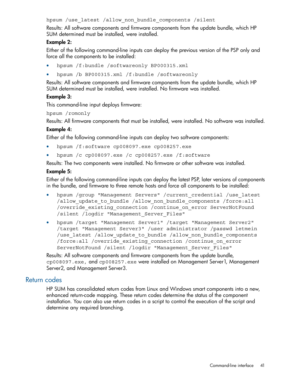 Return codes | HP Smart Update Manager (User Guide) User Manual | Page 41 / 79