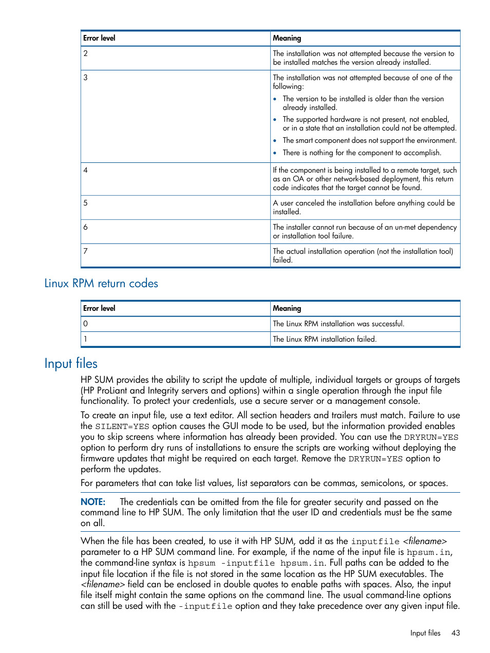 Linux rpm return codes, Input files | HP Smart Update Manager (User Guide) User Manual | Page 43 / 79