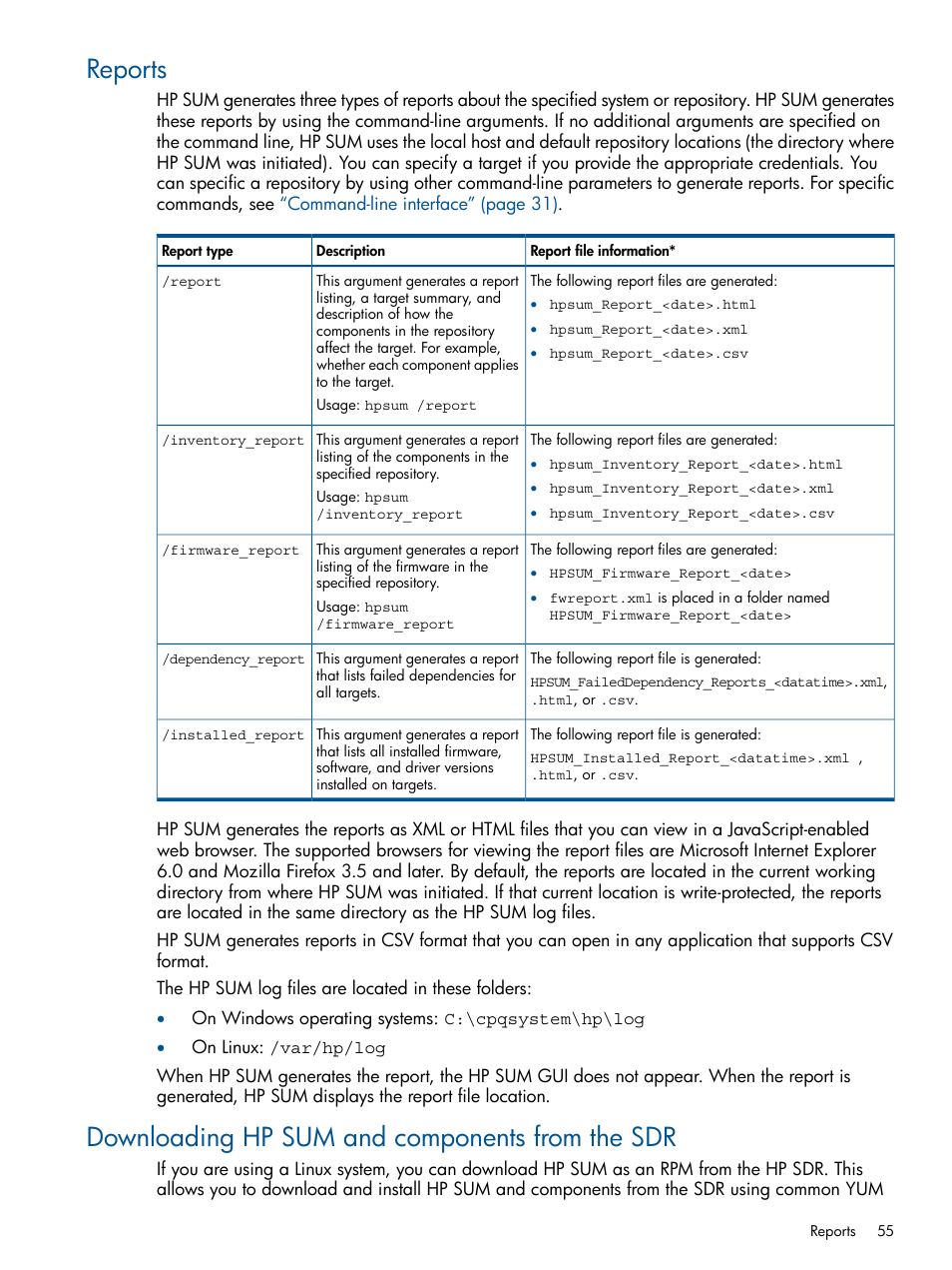 Reports, Downloading hp sum and components from the sdr | HP Smart Update Manager (User Guide) User Manual | Page 55 / 79