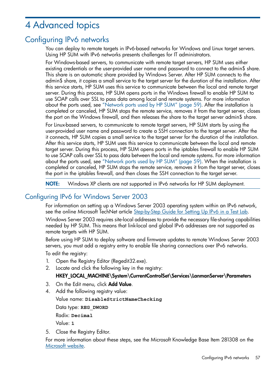 4 advanced topics, Configuring ipv6 networks, Configuring ipv6 for windows server 2003 | HP Smart Update Manager (User Guide) User Manual | Page 57 / 79