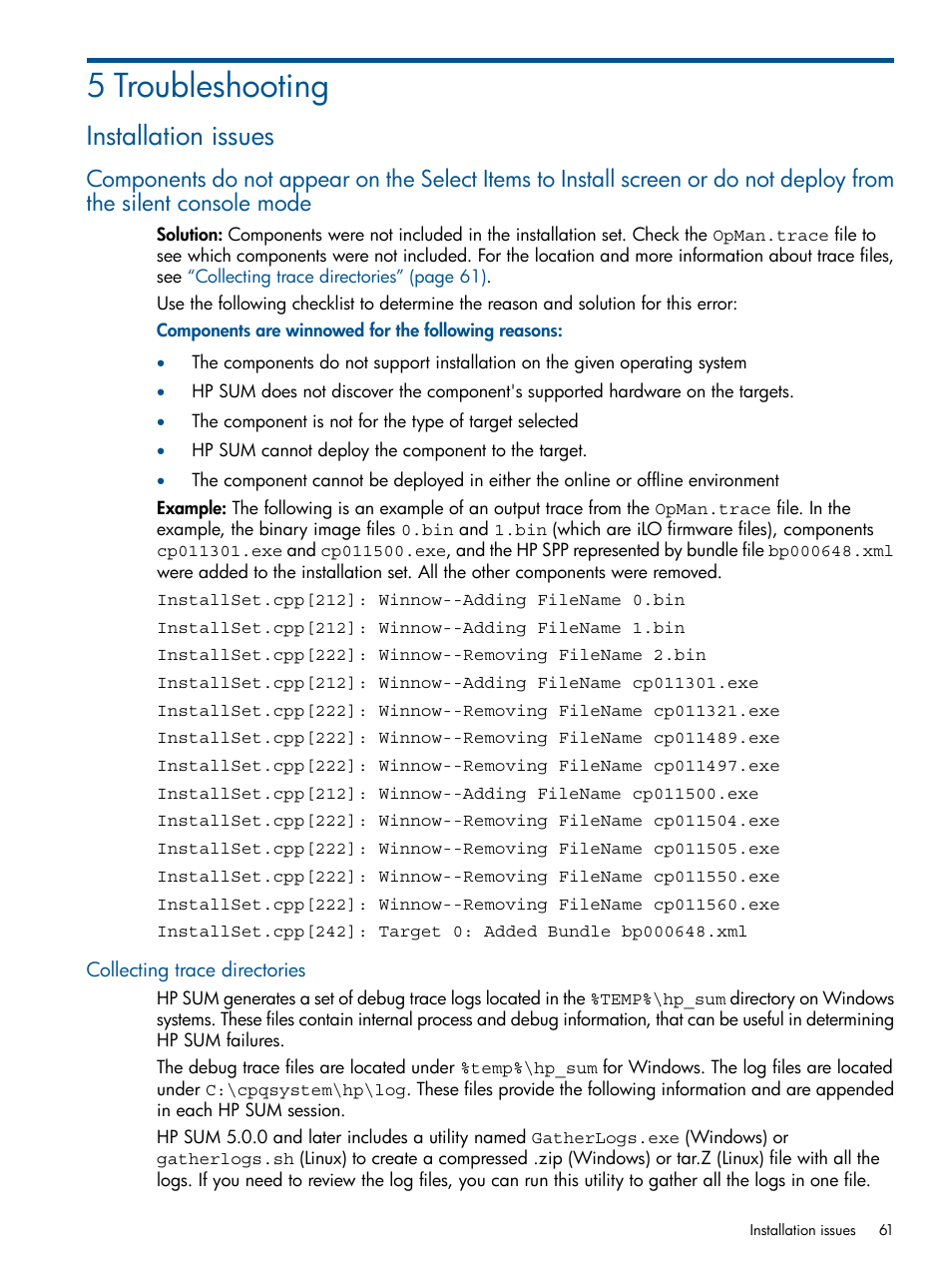 5 troubleshooting, Installation issues, Collecting trace directories | HP Smart Update Manager (User Guide) User Manual | Page 61 / 79