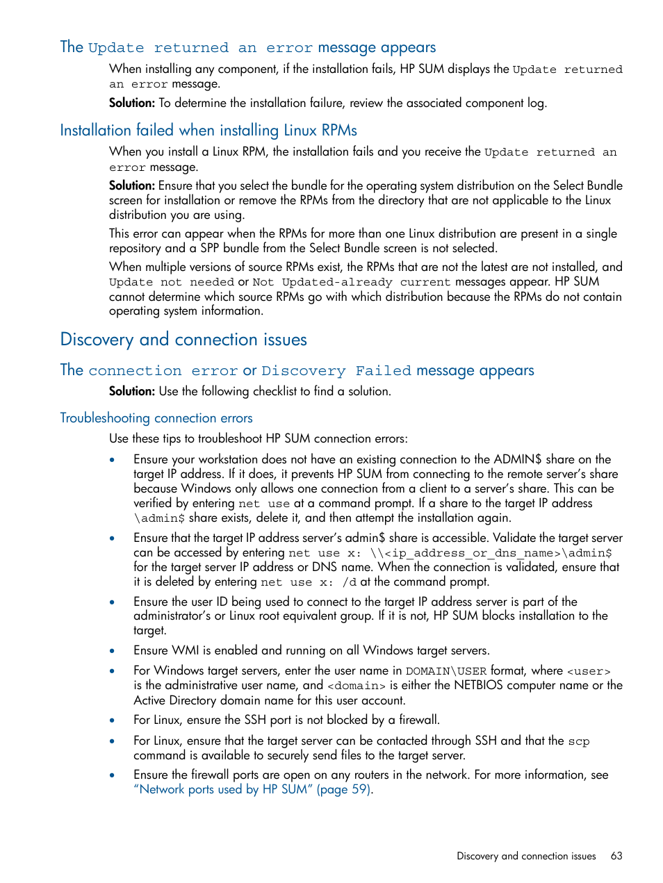 The update returned an error message appears, Installation failed when installing linux rpms, Discovery and connection issues | Troubleshooting connection errors | HP Smart Update Manager (User Guide) User Manual | Page 63 / 79