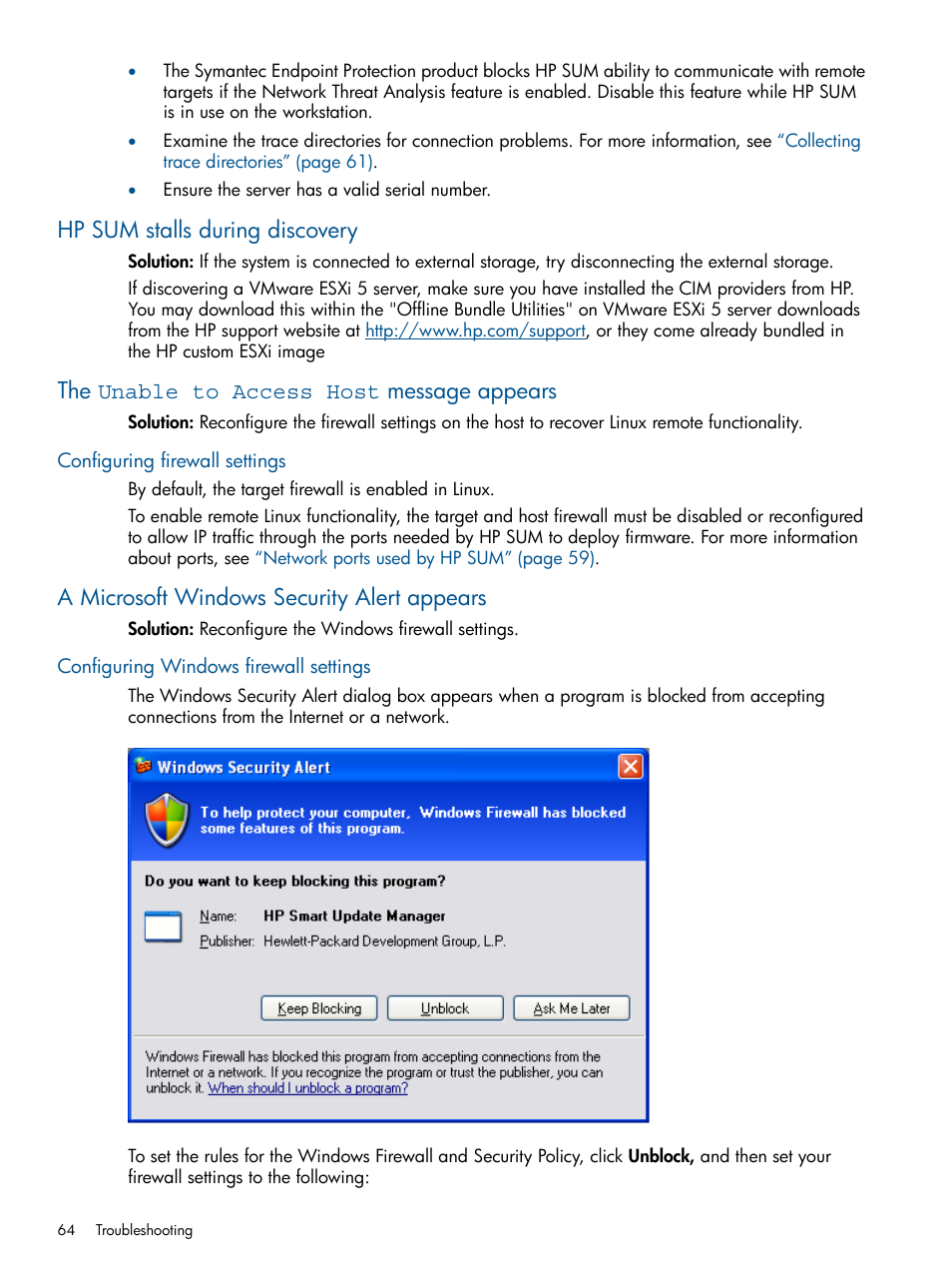 Hp sum stalls during discovery, The unable to access host message appears, Configuring firewall settings | A microsoft windows security alert appears, Configuring windows firewall settings | HP Smart Update Manager (User Guide) User Manual | Page 64 / 79