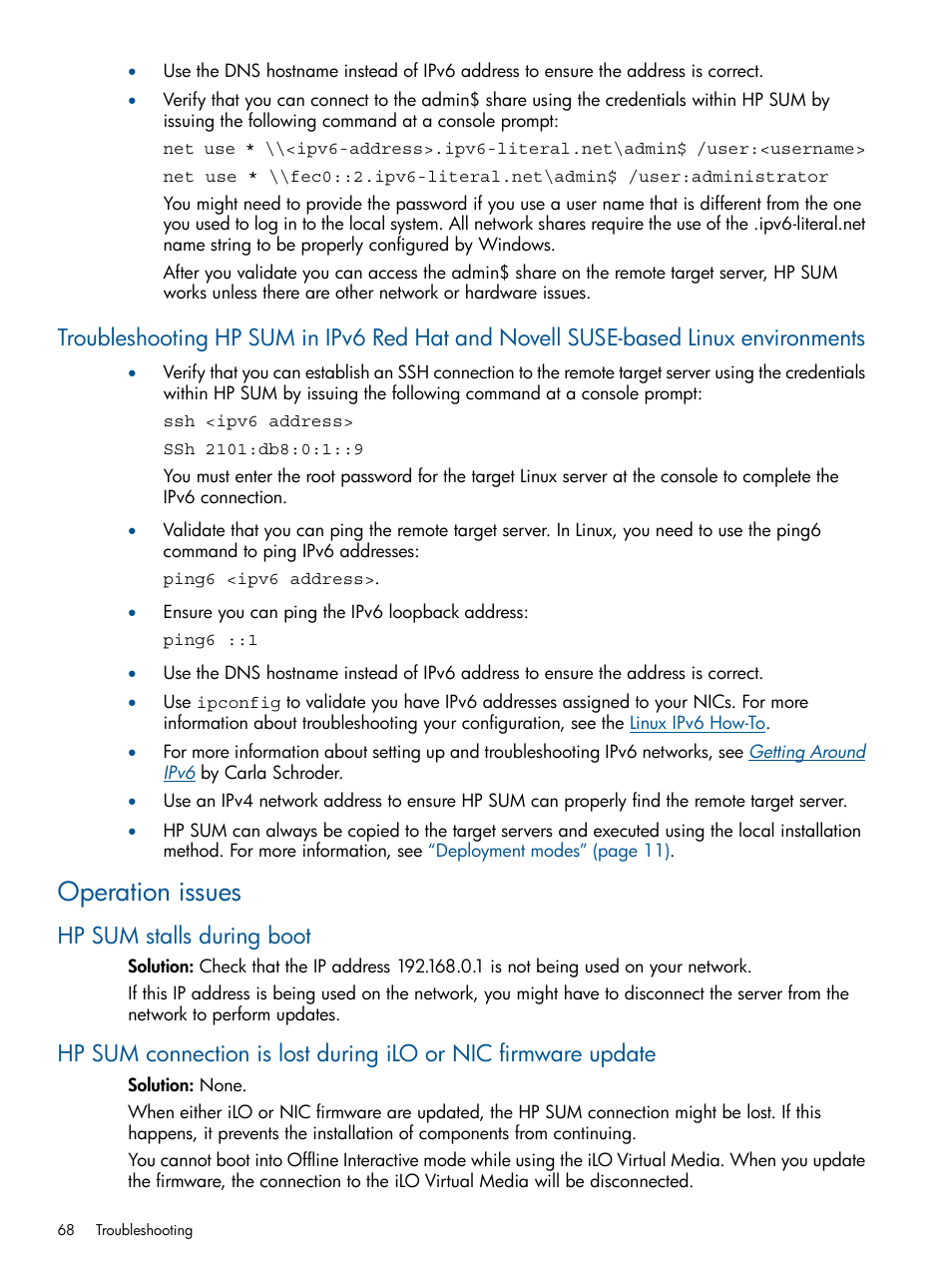 Operation issues, Hp sum stalls during boot | HP Smart Update Manager (User Guide) User Manual | Page 68 / 79