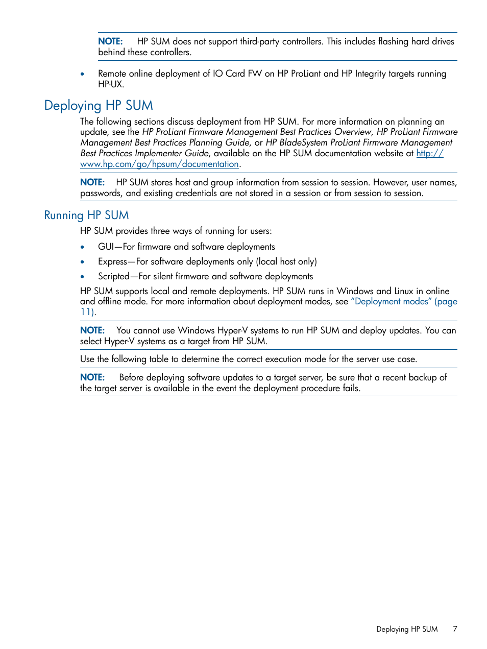 Deploying hp sum, Running hp sum | HP Smart Update Manager (User Guide) User Manual | Page 7 / 79