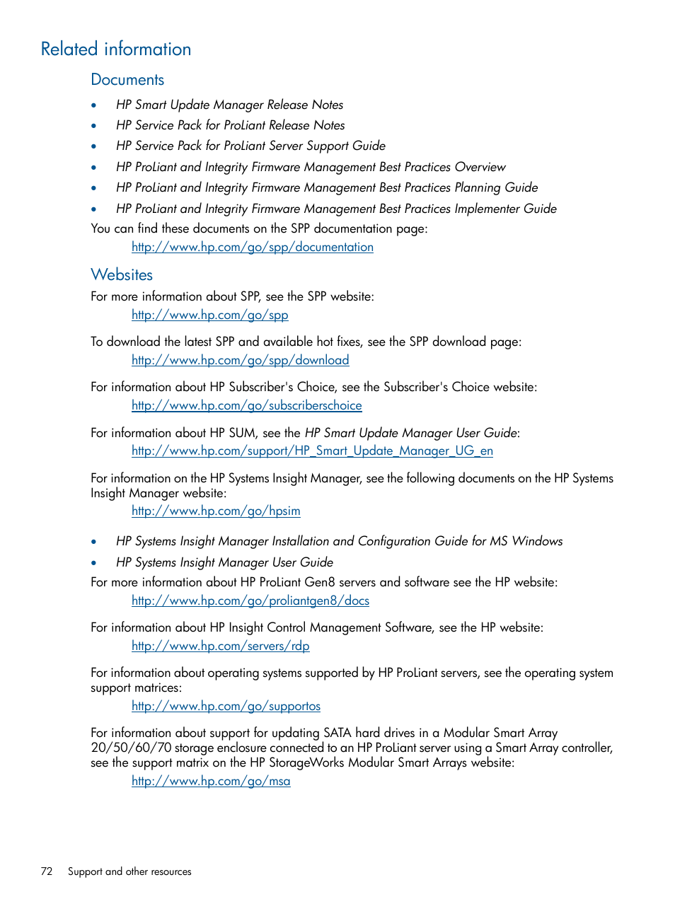 Related information, Documents, Websites | HP Smart Update Manager (User Guide) User Manual | Page 72 / 79