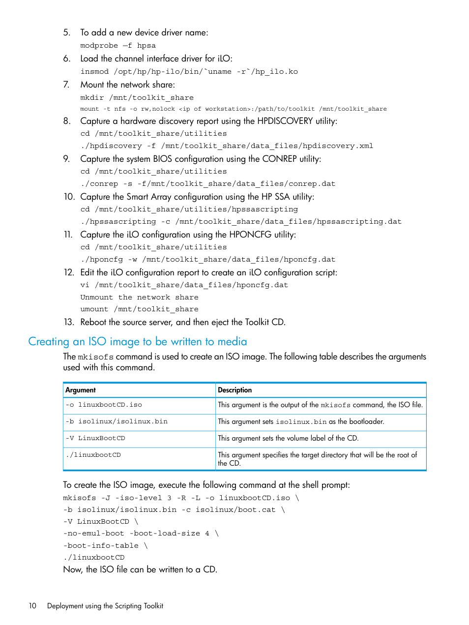 Creating an iso image to be written to media | HP Scripting Toolkit for Linux 9.50 User Manual | Page 10 / 68