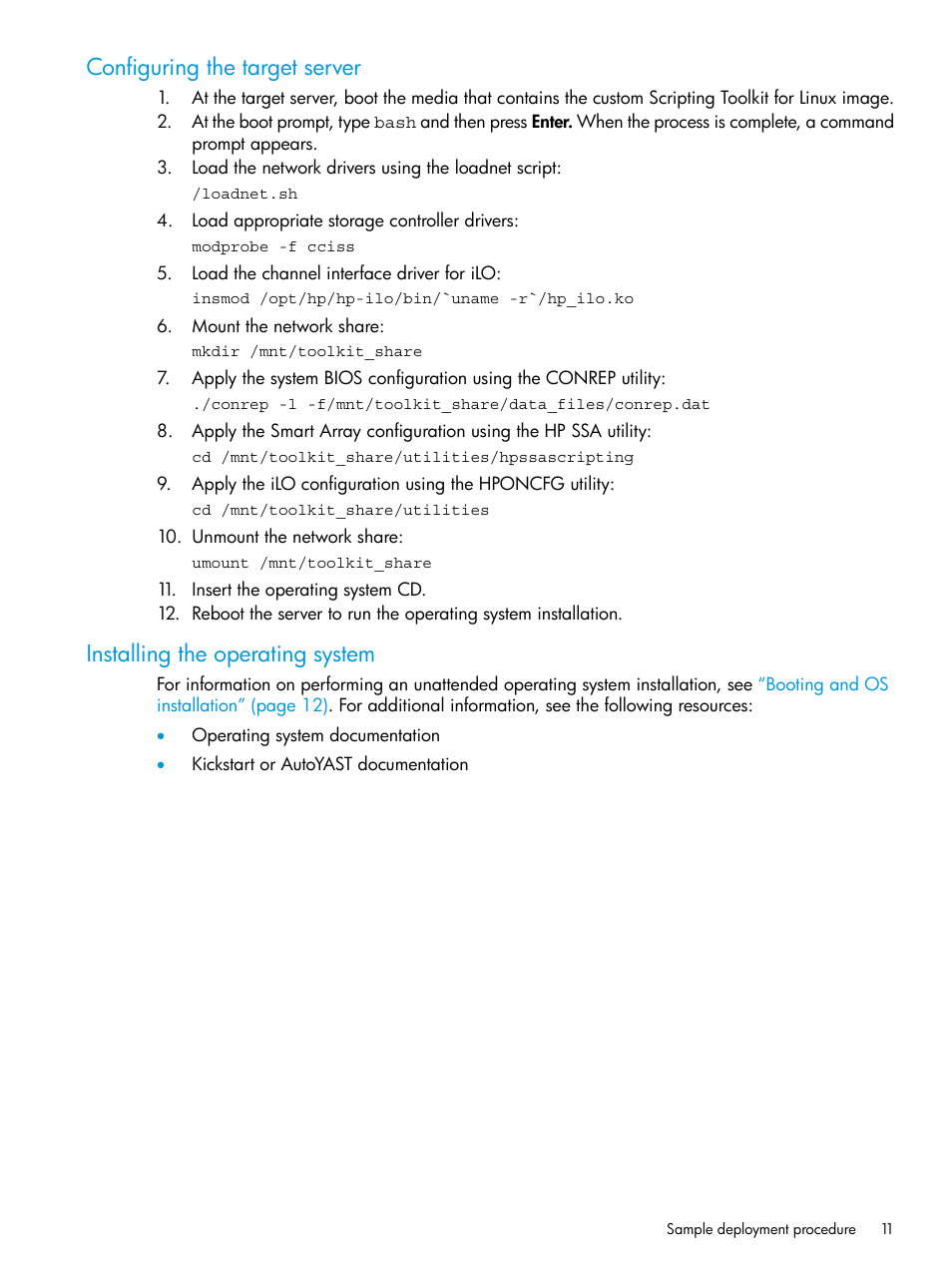 Configuring the target server, Installing the operating system | HP Scripting Toolkit for Linux 9.50 User Manual | Page 11 / 68