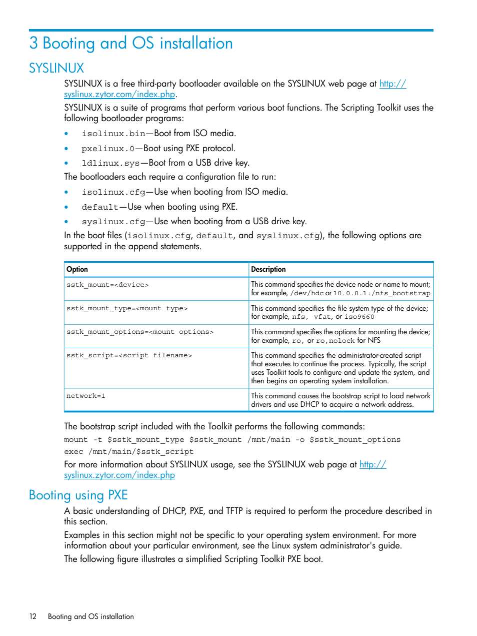 3 booting and os installation, Syslinux, Booting using pxe | Syslinux booting using pxe | HP Scripting Toolkit for Linux 9.50 User Manual | Page 12 / 68