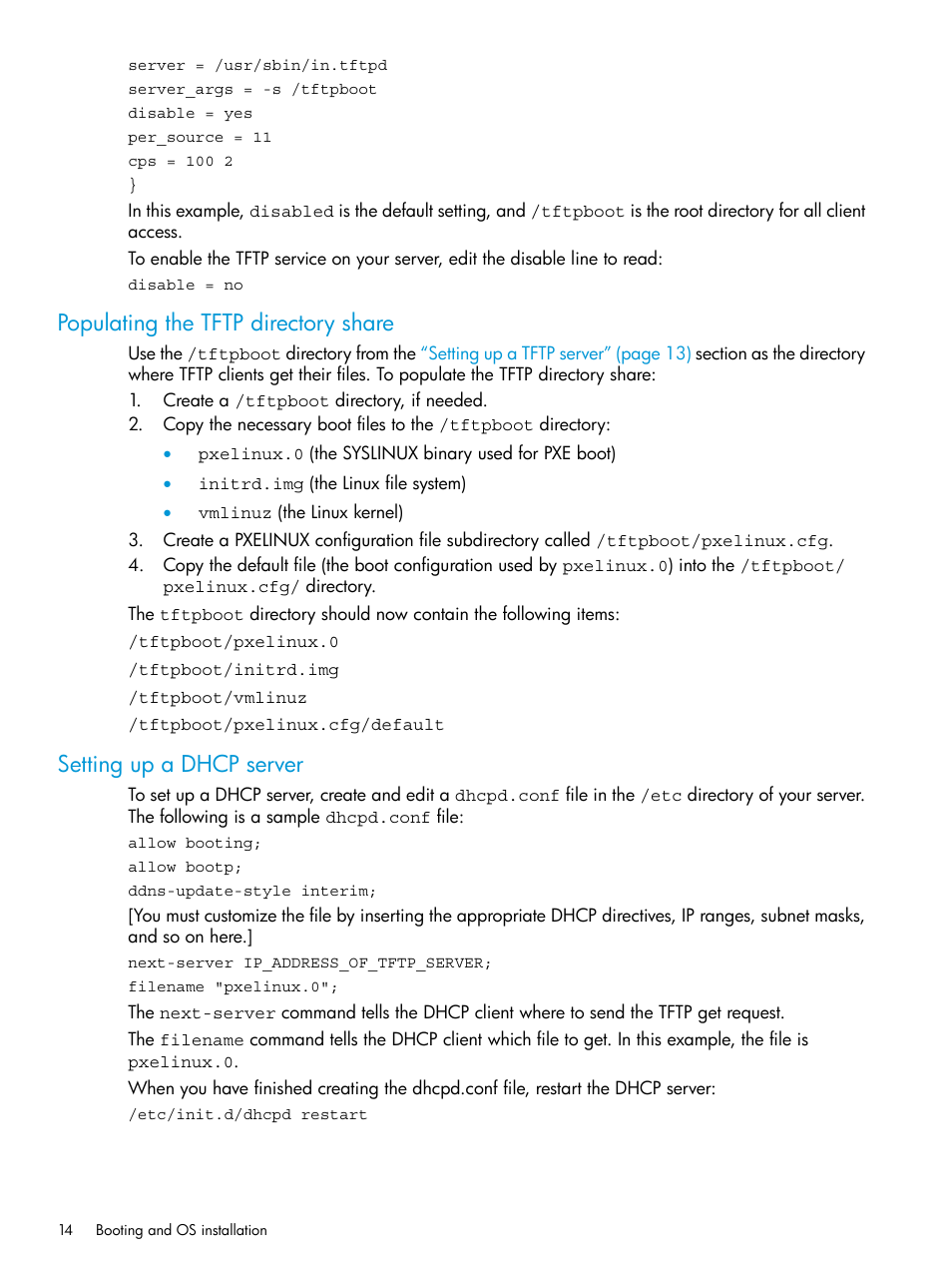 Populating the tftp directory share, Setting up a dhcp server | HP Scripting Toolkit for Linux 9.50 User Manual | Page 14 / 68