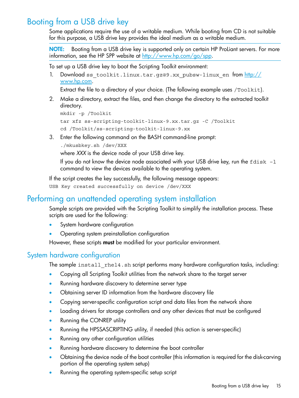 Booting from a usb drive key, System hardware configuration | HP Scripting Toolkit for Linux 9.50 User Manual | Page 15 / 68