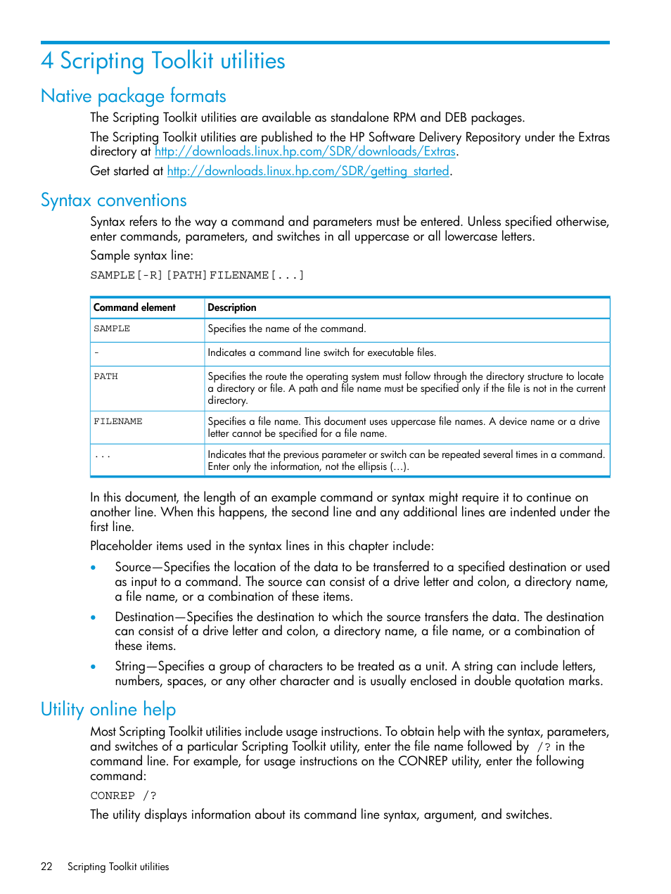 4 scripting toolkit utilities, Native package formats, Syntax conventions | Utility online help | HP Scripting Toolkit for Linux 9.50 User Manual | Page 22 / 68