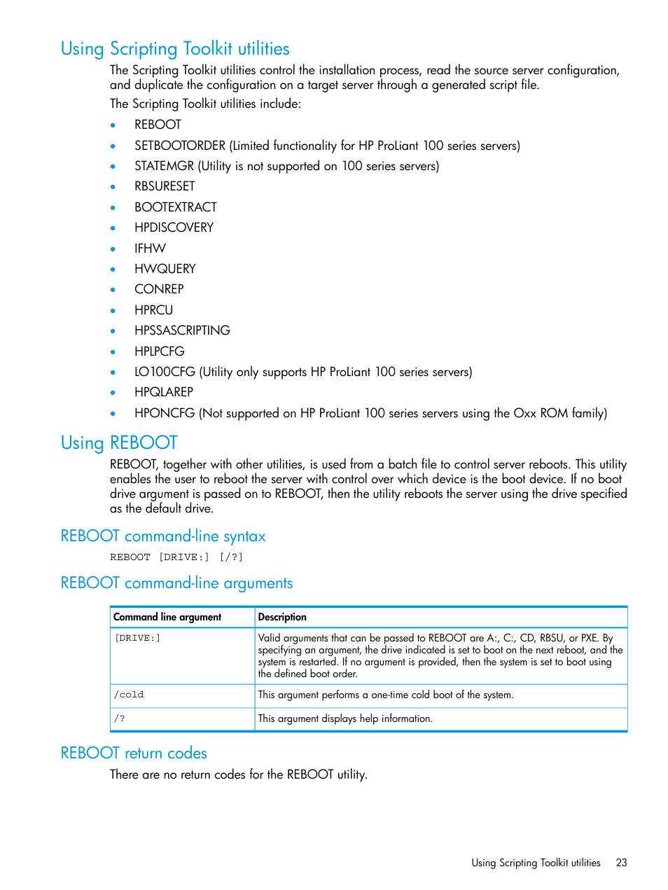 Using scripting toolkit utilities, Using reboot, Reboot command-line syntax | Reboot command-line arguments, Reboot return codes, Using scripting toolkit utilities using reboot | HP Scripting Toolkit for Linux 9.50 User Manual | Page 23 / 68