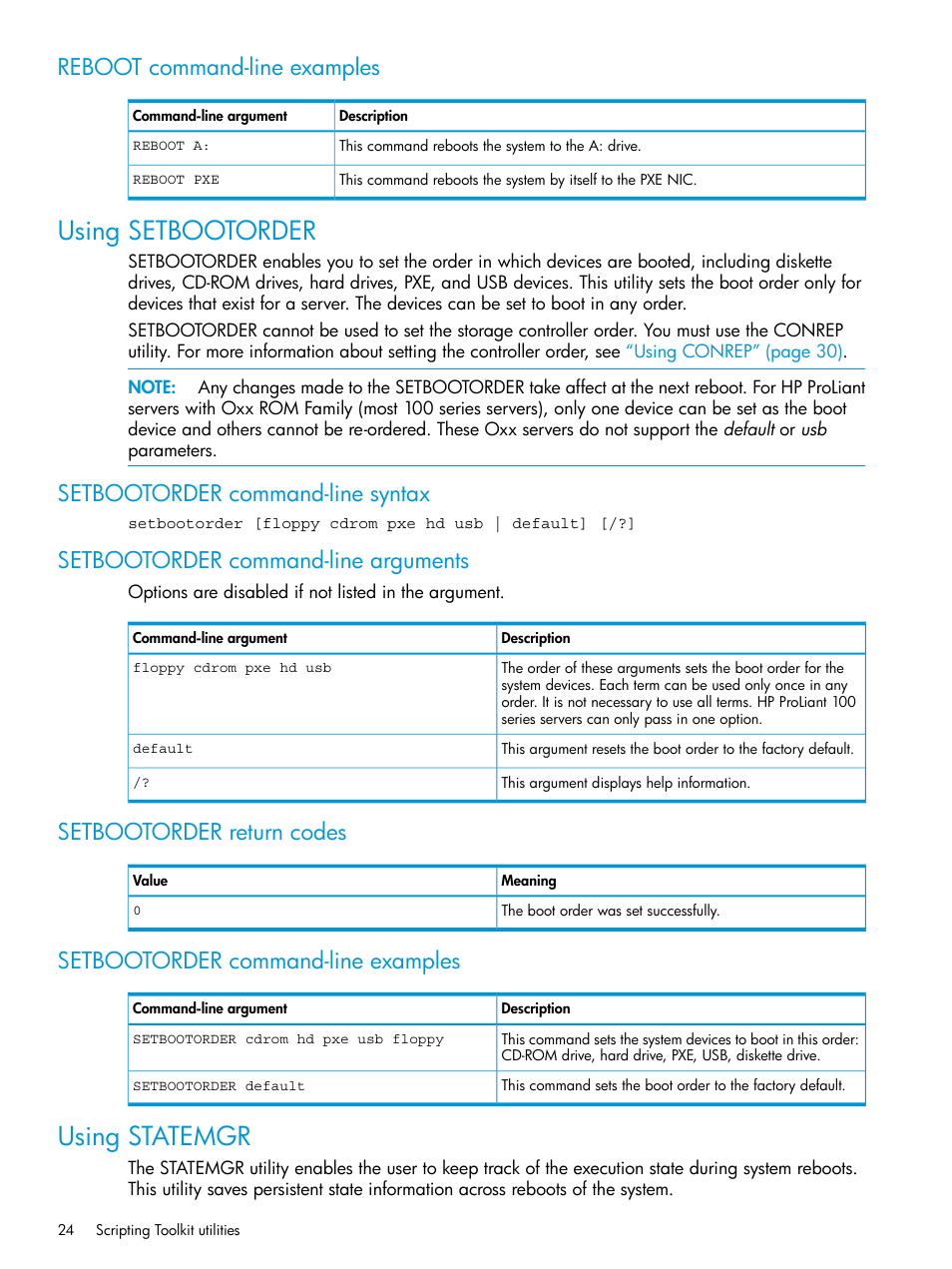 Reboot command-line examples, Using setbootorder, Setbootorder command-line syntax | Setbootorder command-line arguments, Setbootorder return codes, Setbootorder command-line examples, Using statemgr | HP Scripting Toolkit for Linux 9.50 User Manual | Page 24 / 68