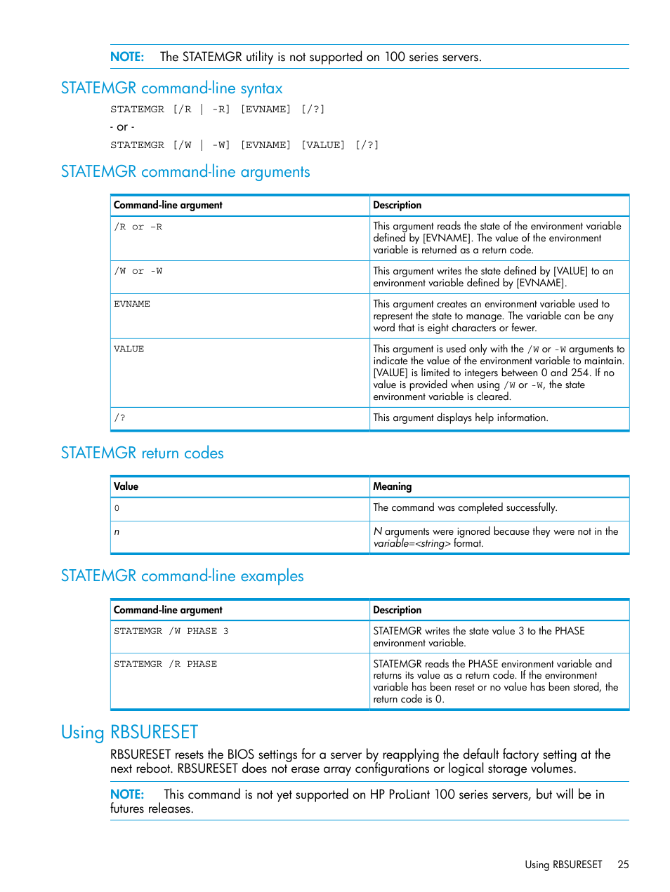 Statemgr command-line syntax, Statemgr command-line arguments, Statemgr return codes | Statemgr command-line examples, Using rbsureset | HP Scripting Toolkit for Linux 9.50 User Manual | Page 25 / 68