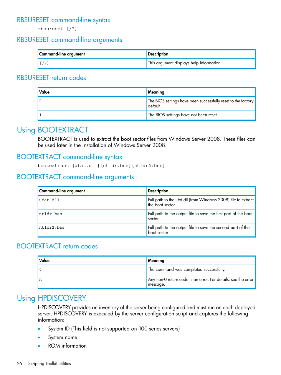 Rbsureset command-line syntax, Rbsureset command-line arguments, Rbsureset return codes | Using bootextract, Bootextract command-line syntax, Bootextract command-line arguments, Bootextract return codes, Using hpdiscovery | HP Scripting Toolkit for Linux 9.50 User Manual | Page 26 / 68