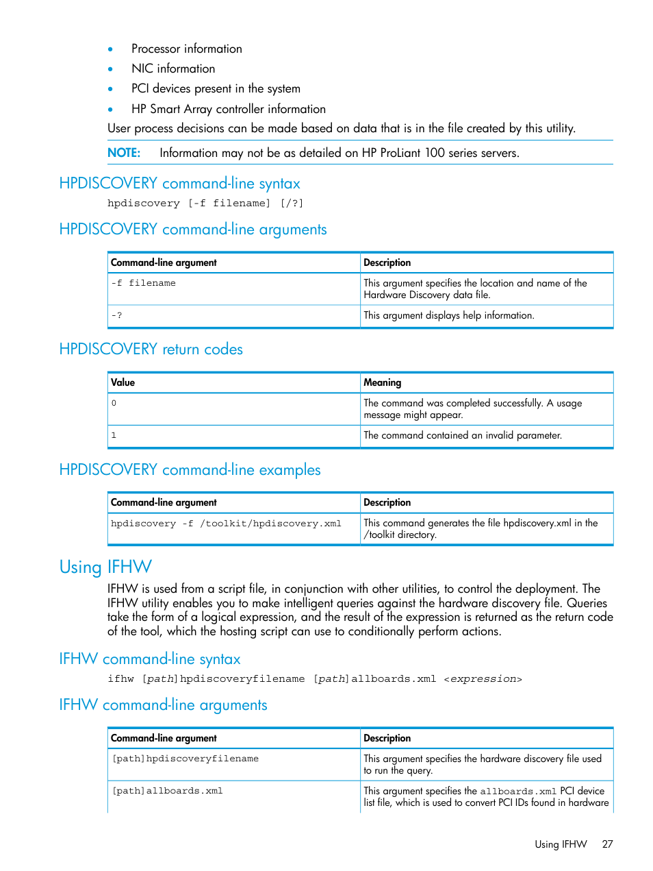 Hpdiscovery command-line syntax, Hpdiscovery command-line arguments, Hpdiscovery return codes | Hpdiscovery command-line examples, Using ifhw, Ifhw command-line syntax, Ifhw command-line arguments | HP Scripting Toolkit for Linux 9.50 User Manual | Page 27 / 68