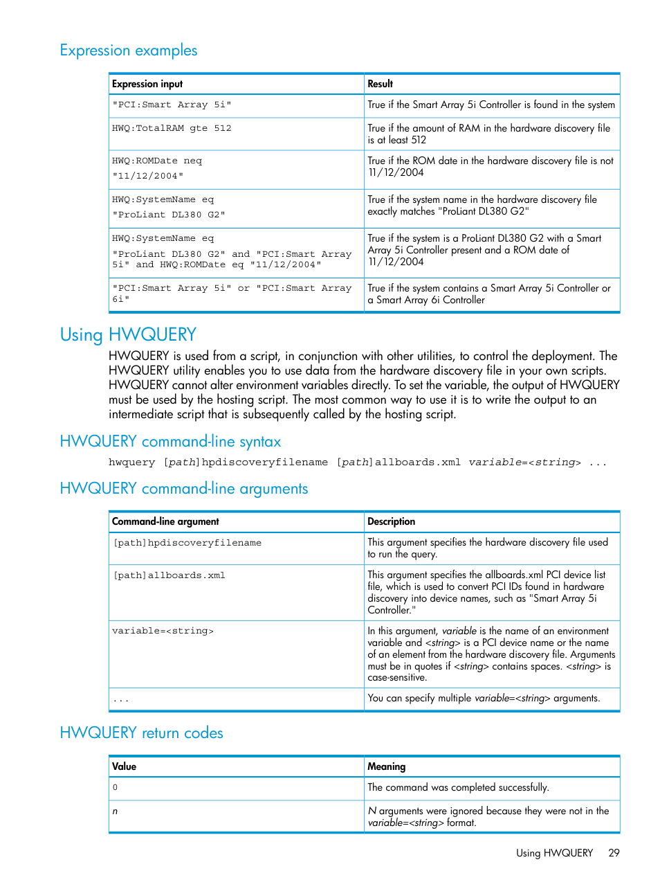 Expression examples, Using hwquery, Hwquery command-line syntax | Hwquery command-line arguments, Hwquery return codes | HP Scripting Toolkit for Linux 9.50 User Manual | Page 29 / 68