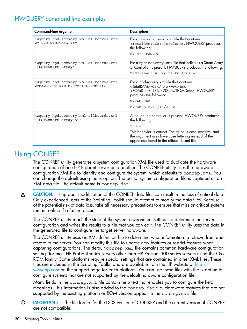 Hwquery command-line examples, Using conrep | HP Scripting Toolkit for Linux 9.50 User Manual | Page 30 / 68