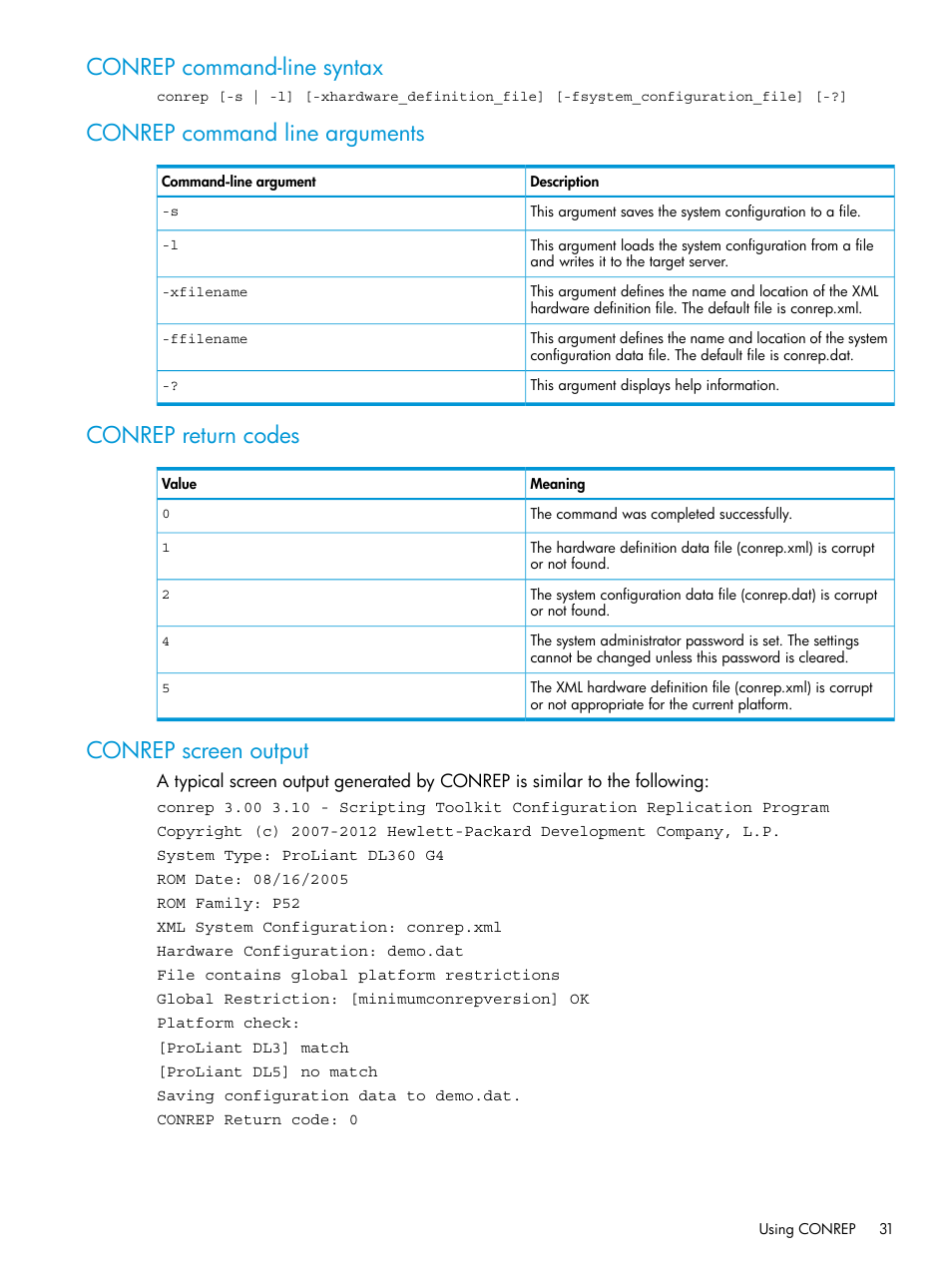 Conrep command-line syntax, Conrep command line arguments, Conrep return codes | Conrep screen output | HP Scripting Toolkit for Linux 9.50 User Manual | Page 31 / 68