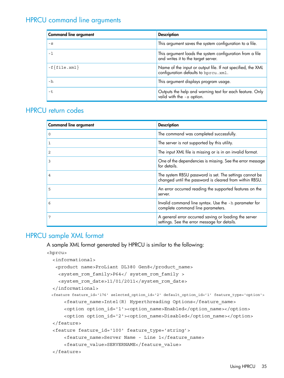 Hprcu command line arguments, Hprcu return codes, Hprcu sample xml format | HP Scripting Toolkit for Linux 9.50 User Manual | Page 35 / 68