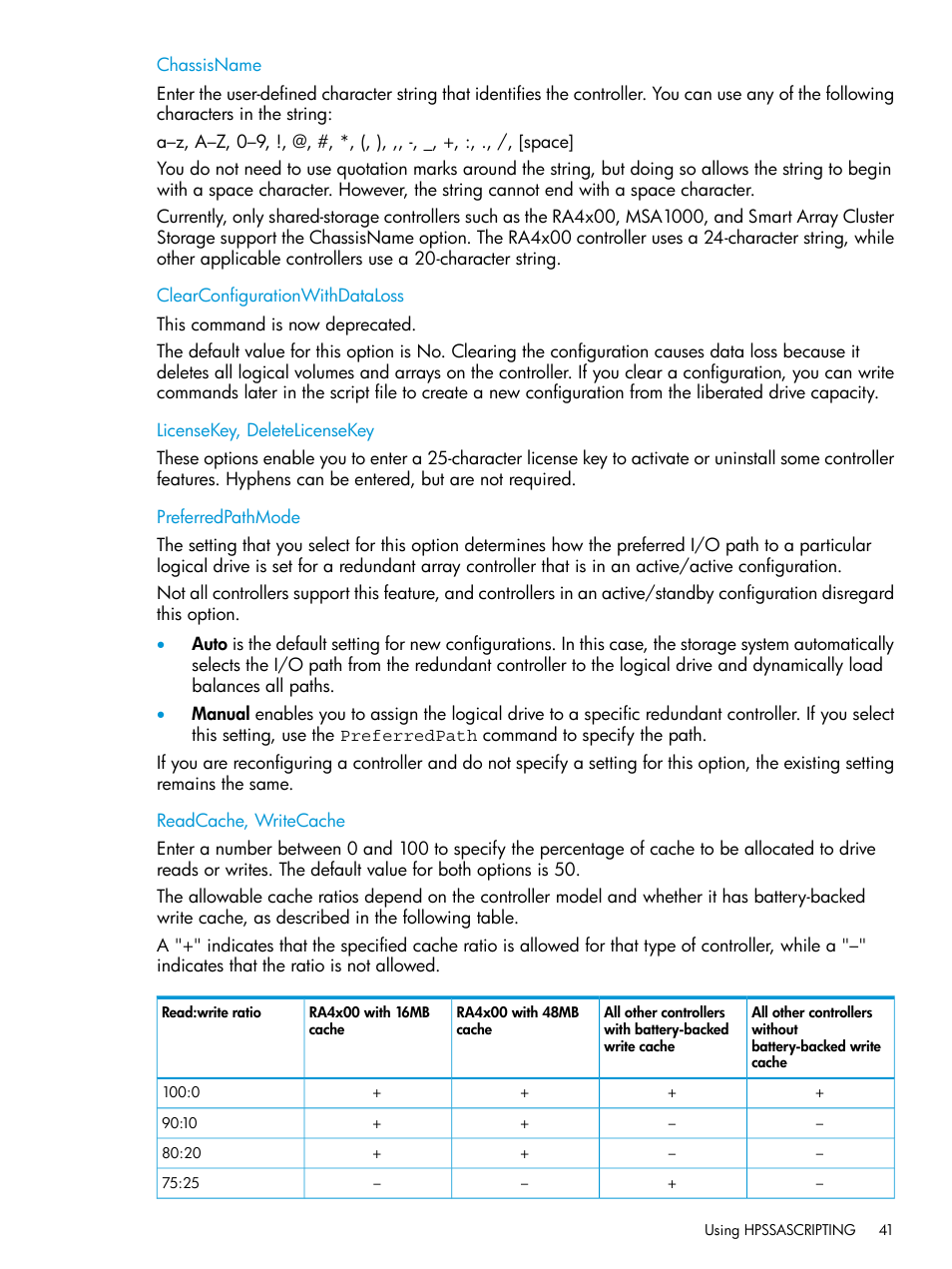 Chassisname, Clearconfigurationwithdataloss, Licensekey, deletelicensekey | Preferredpathmode, Readcache, writecache | HP Scripting Toolkit for Linux 9.50 User Manual | Page 41 / 68