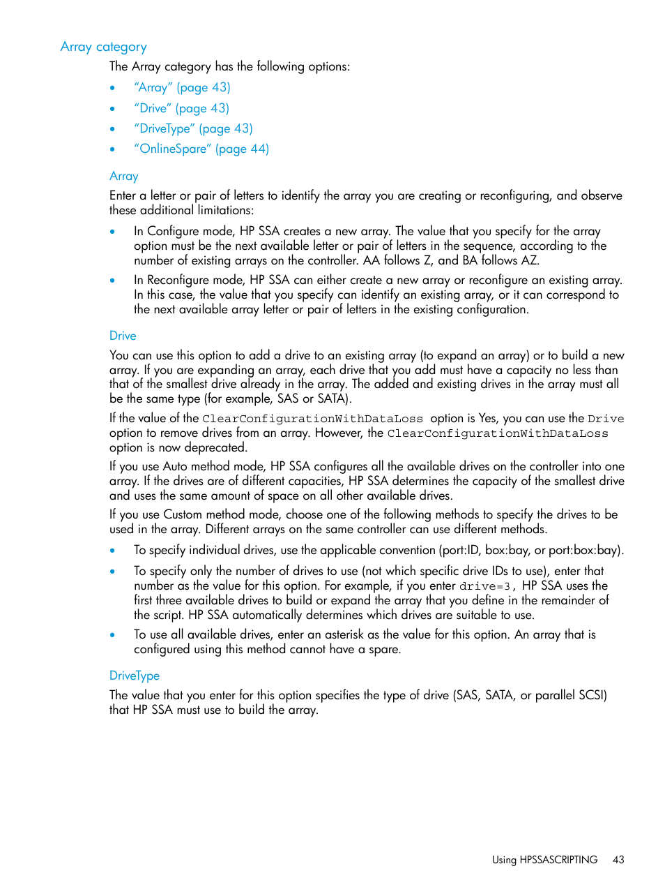 Array category, Array, Drive | Drivetype, Drive drivetype | HP Scripting Toolkit for Linux 9.50 User Manual | Page 43 / 68