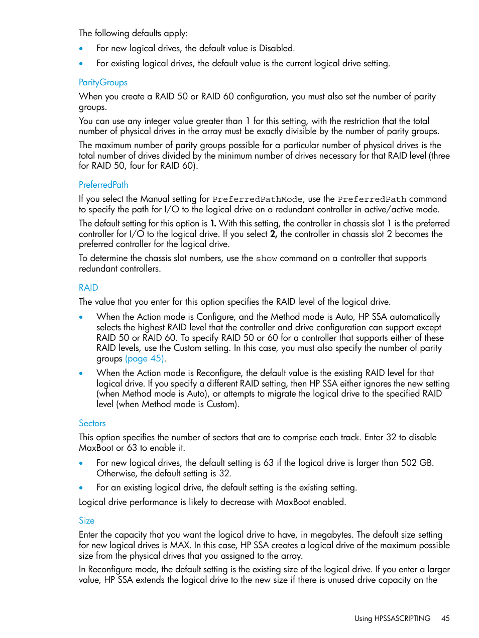 Paritygroups, Preferredpath, Raid | Sectors, Size, Paritygroups preferredpath raid sectors size | HP Scripting Toolkit for Linux 9.50 User Manual | Page 45 / 68
