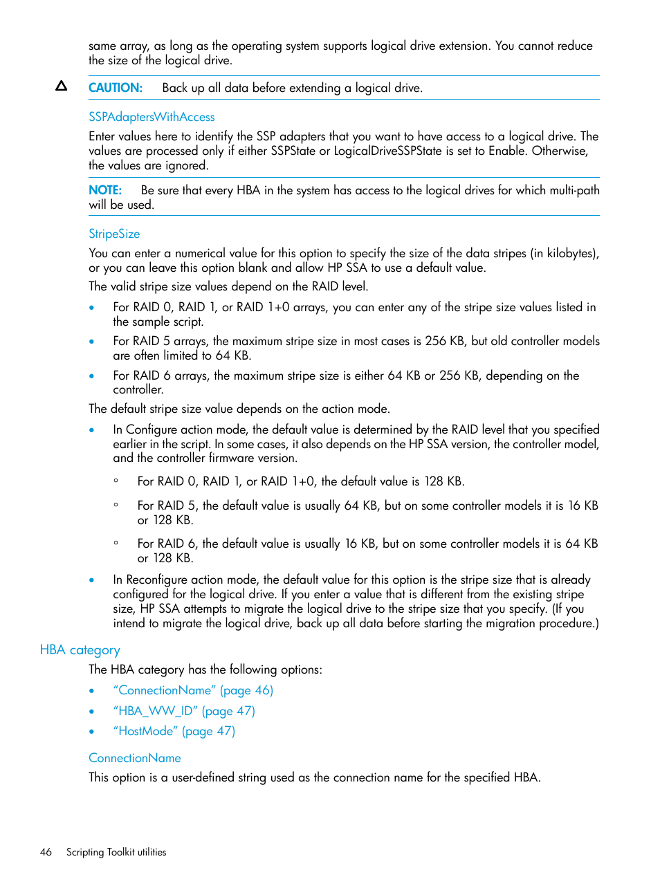 Sspadapterswithaccess, Stripesize, Hba category | Connectionname, Sspadapterswithaccess stripesize | HP Scripting Toolkit for Linux 9.50 User Manual | Page 46 / 68