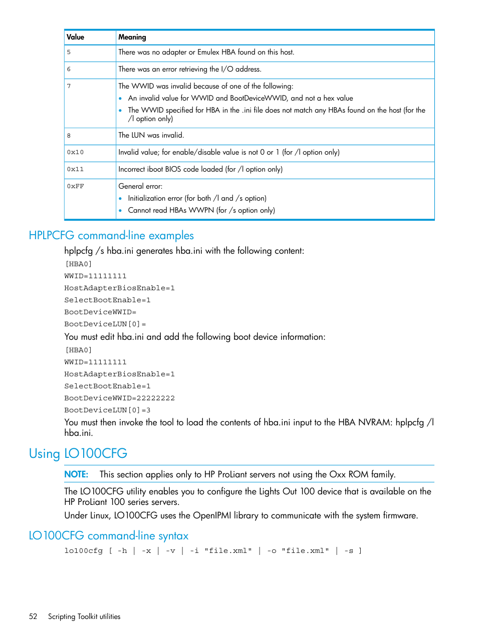 Hplpcfg command-line examples, Using lo100cfg, Lo100cfg command-line syntax | HP Scripting Toolkit for Linux 9.50 User Manual | Page 52 / 68