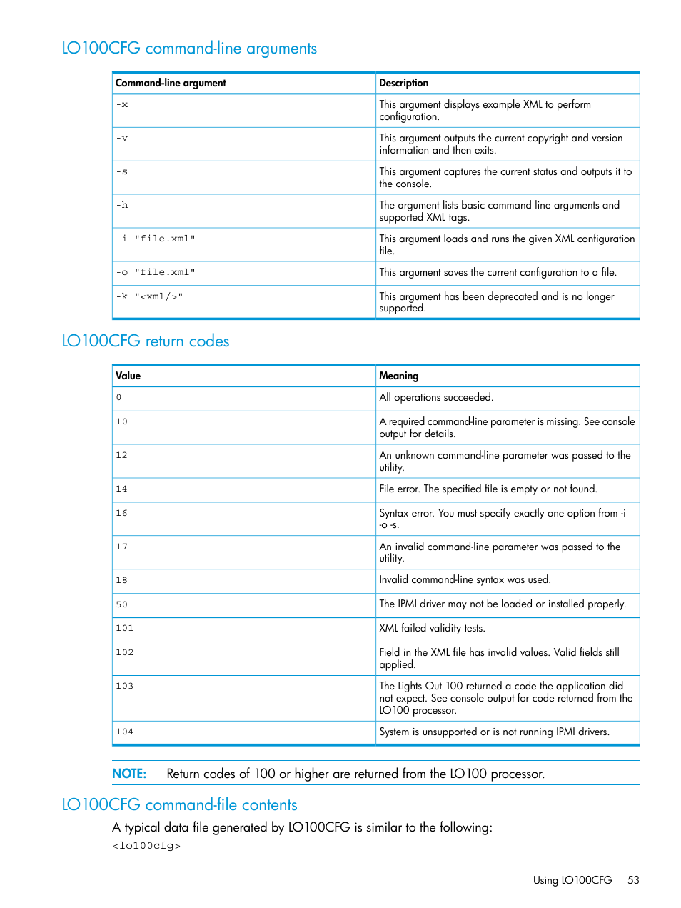 Lo100cfg command-line arguments, Lo100cfg return codes, Lo100cfg command-file contents | HP Scripting Toolkit for Linux 9.50 User Manual | Page 53 / 68