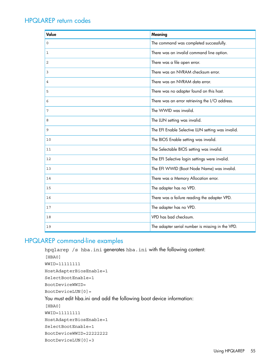 Hpqlarep return codes, Hpqlarep command-line examples | HP Scripting Toolkit for Linux 9.50 User Manual | Page 55 / 68