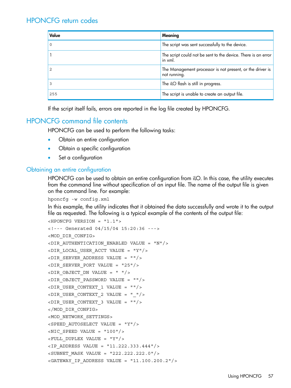 Hponcfg return codes, Hponcfg command file contents, Obtaining an entire configuration | Hponcfg return codes hponcfg command file contents | HP Scripting Toolkit for Linux 9.50 User Manual | Page 57 / 68