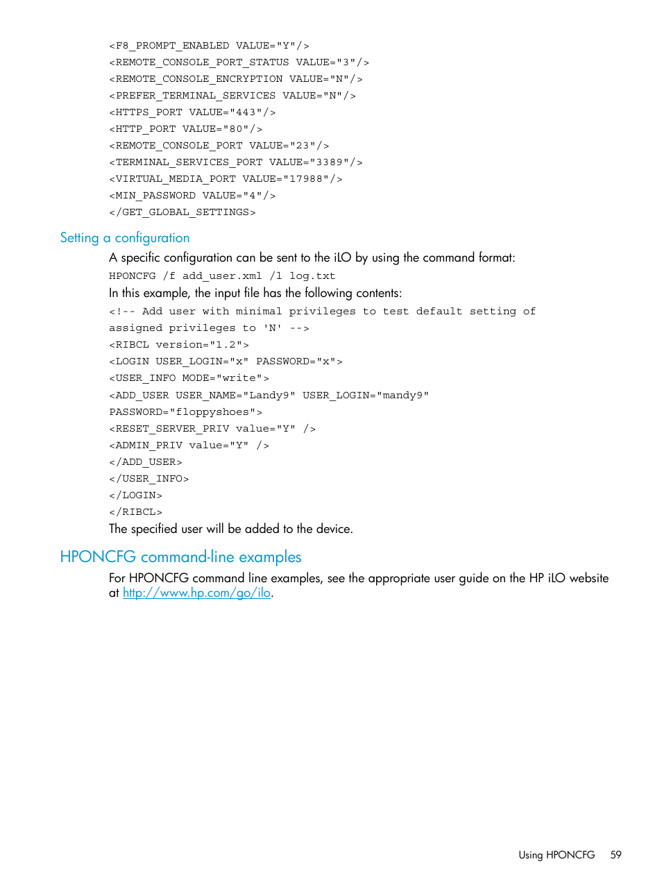 Setting a configuration, Hponcfg command-line examples | HP Scripting Toolkit for Linux 9.50 User Manual | Page 59 / 68