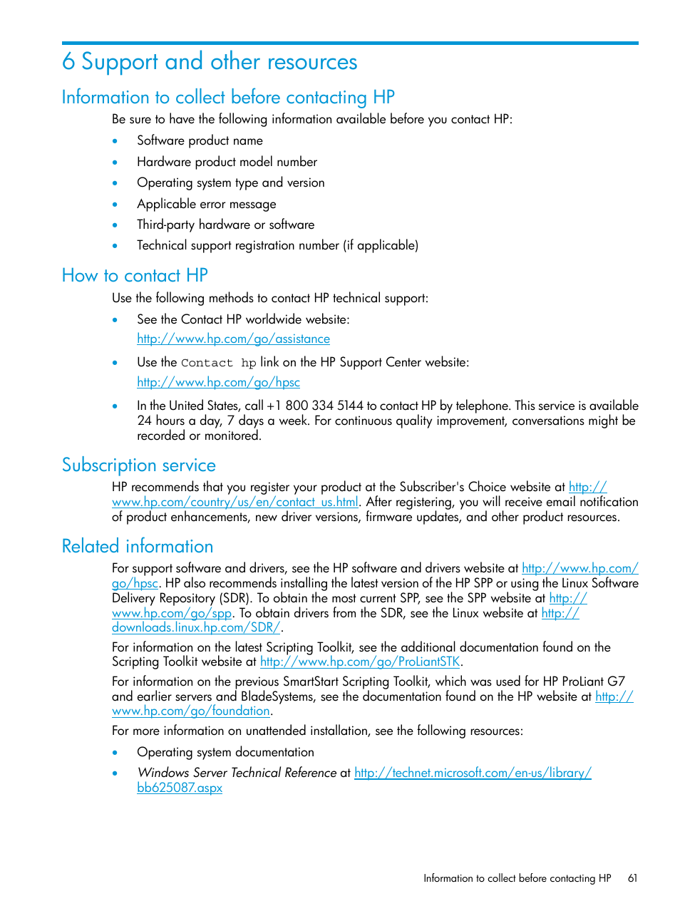 6 support and other resources, Information to collect before contacting hp, How to contact hp | Subscription service, Related information | HP Scripting Toolkit for Linux 9.50 User Manual | Page 61 / 68