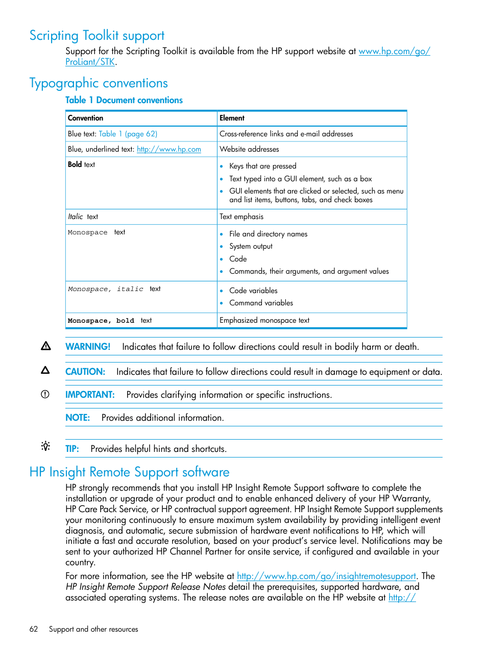 Scripting toolkit support, Typographic conventions, Hp insight remote support software | HP Scripting Toolkit for Linux 9.50 User Manual | Page 62 / 68