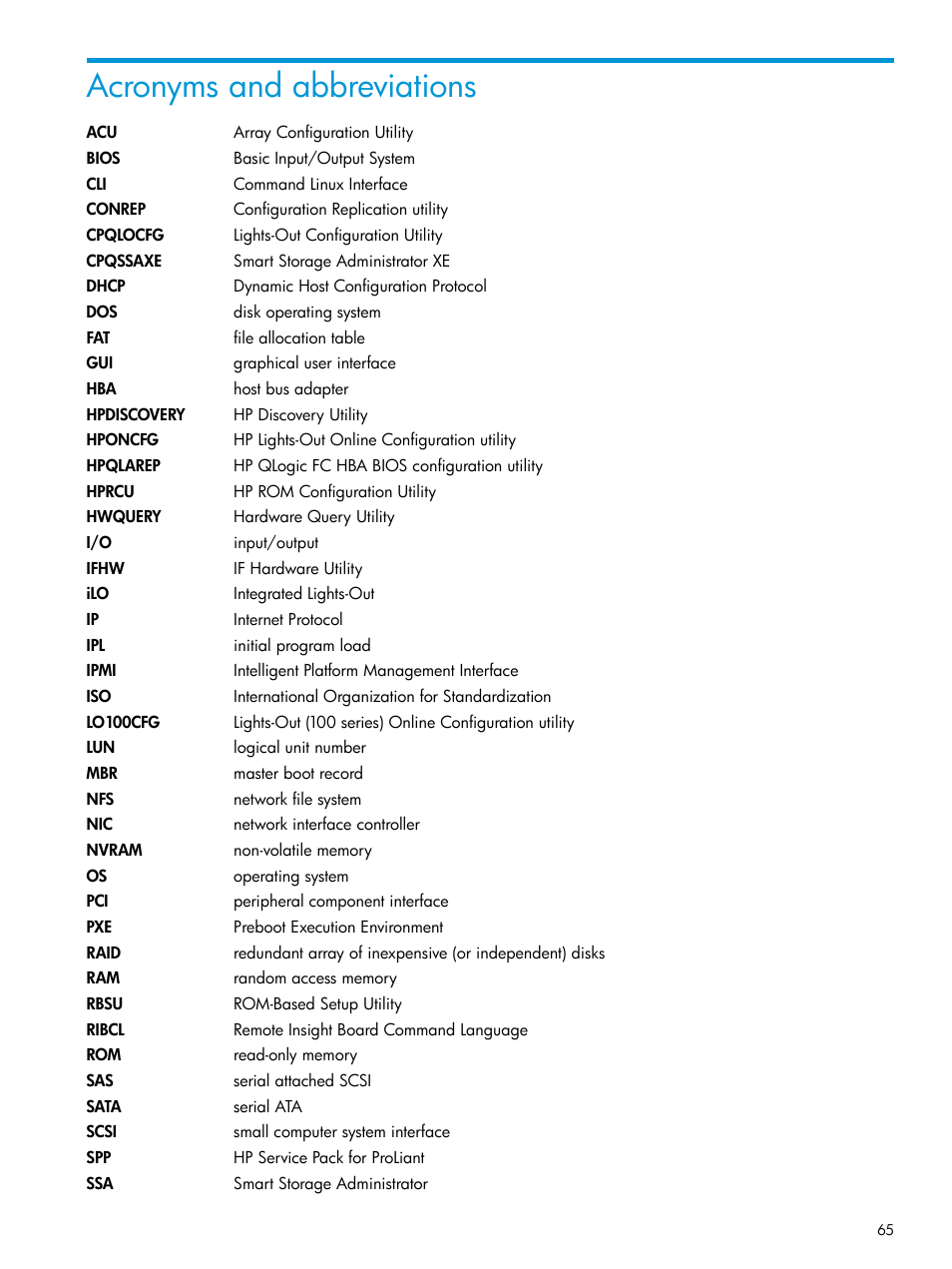 Acronyms and abbreviations | HP Scripting Toolkit for Linux 9.50 User Manual | Page 65 / 68