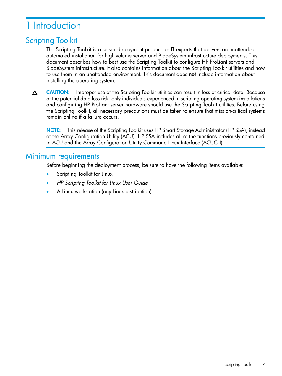 1 introduction, Scripting toolkit, Minimum requirements | Scripting toolkit minimum requirements | HP Scripting Toolkit for Linux 9.50 User Manual | Page 7 / 68