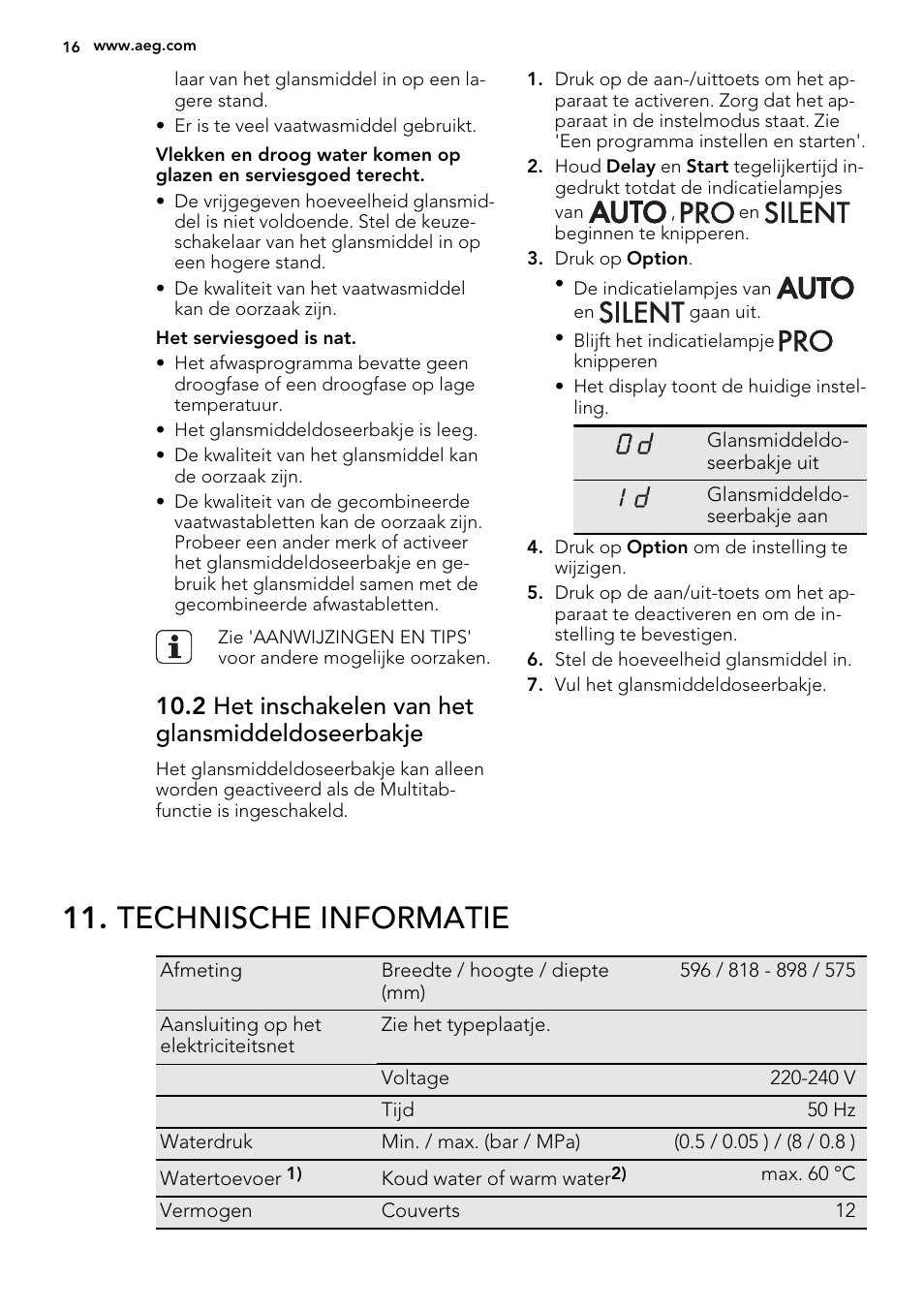Technische informatie, 2 het inschakelen van het glansmiddeldoseerbakje | AEG F67032IM0P User Manual | Page 16 / 68