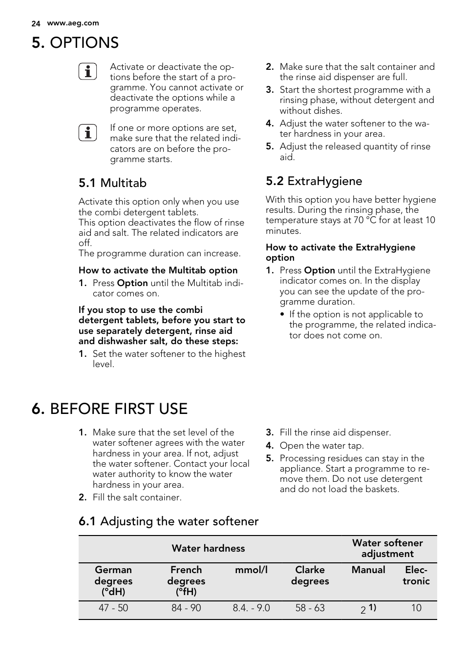 Options, Before first use, 1 multitab | 2 extrahygiene, 1 adjusting the water softener | AEG F67032IM0P User Manual | Page 24 / 68